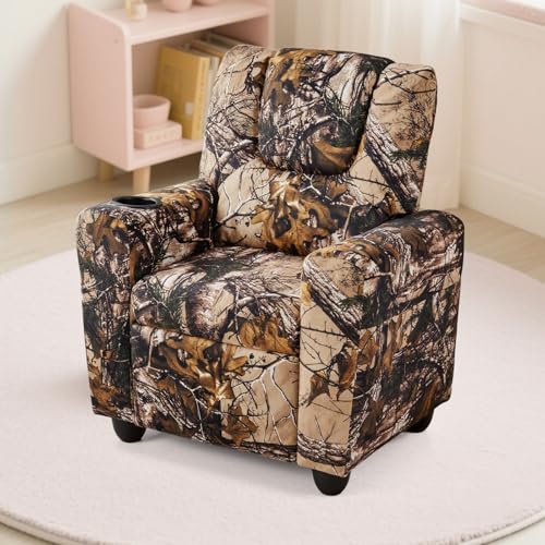 Image of Kids Recliner, Toddler Lounge Chair w /Cup Holder, Wide Armrest, Kids Sofa w /Adjustable Footrest, Comfy Toddler Recliner Chair for for Boys & Girls 3 + (Fabric, Leaf Color)