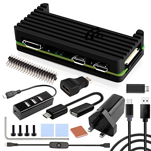 GeeekPi Case Kit for Raspberry Pi Zero 2 W/Zero W,with Zero 2 W Aluminum Passive Cooling Case,QC3.0 Quick Charger Power Supply,Heatsink,20Pin GPIO Header,4 Port USB Hub,ON/Off Switch Cable (Black)
