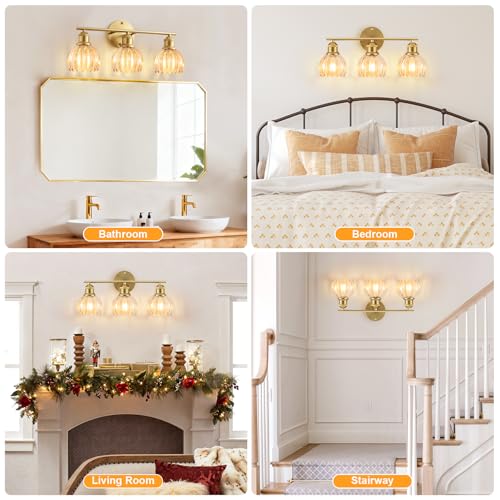 Image of Bathroom Light Fixtures, 3-Light Brushed Gold Vanity Lights for Bathroom with Amber Tulip Glass Shade, 20 inch Vintage Bathroom Vanity Lighting Fixtures Over Mirror for Bedroom Living Room Hallway