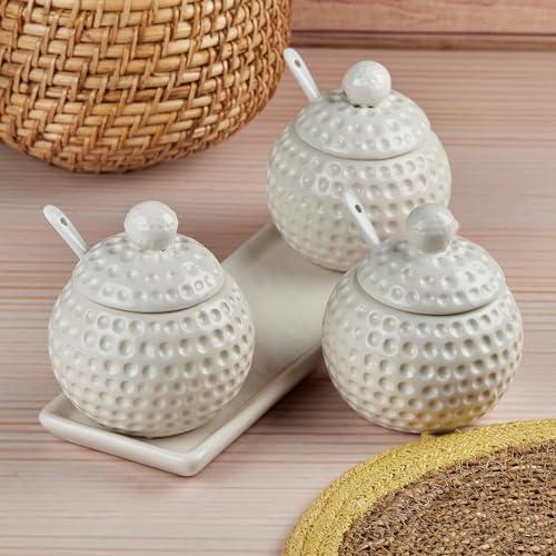 Image of SASASA Ceramic Condiments Container Set 2 with Lid & Spoon | Spice Jars for Kitchen, Sugar Bowl, Pickle Pot & Seasoning Storage Organizer | Condiment Jar Set for Home & Dining, White (10681)