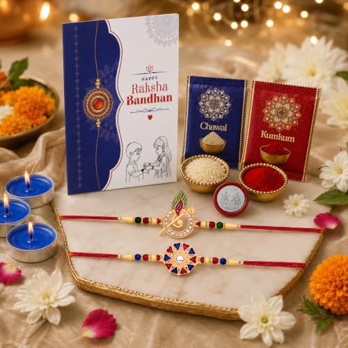 Image of Oblivion Tealight Candles with Rakhi Set for Brother - Rakhis for Brother Set of 2, Krishna Design with Silver Colour Pooja Coin & Greeting Card - Raksha Bandhan Gift Combo