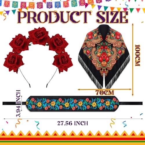 Zoooyawn 3 Pcs Traditional Tassel Exotic Wrap Printed Scarf Embroidered Mexican Belt Adjustable Mexican Rose Flower Floral Crown Day of the Dead for Women Boho Floral Traditional Fiesta Party Sash2