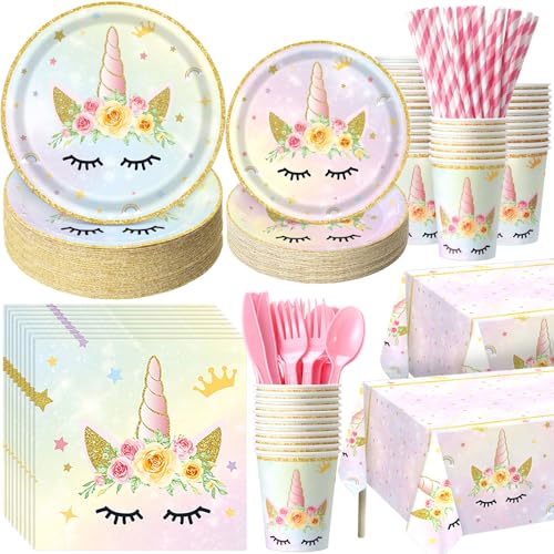 Image of Funnymoom 452 Pcs Unicorn Themed Birthday Party Decorations Include Unicorn Paper Plates Napkins Cups Tablecloth Cutlery Straws Rainbow Pastel Theme Party Supplies for Birthday Decorations