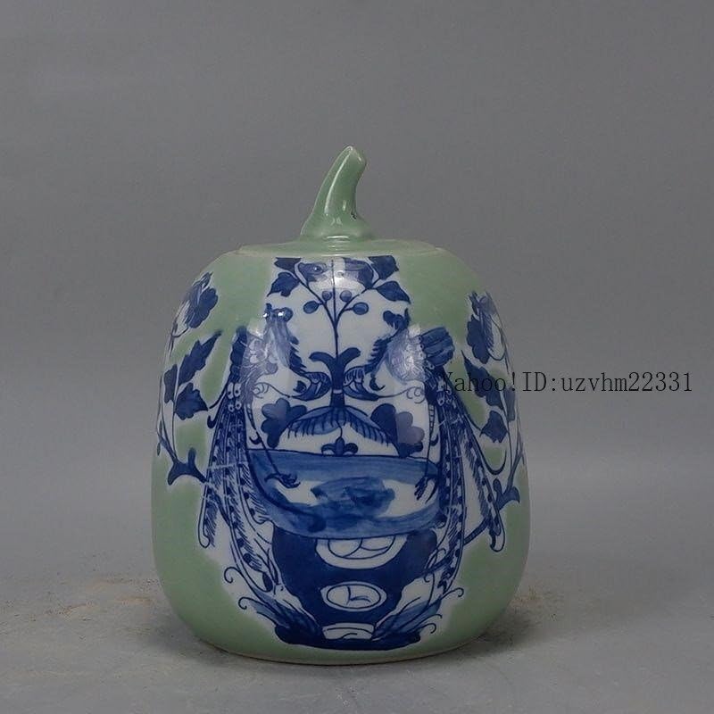 豆青釉青花花鳥紋マクワウリ缶 茶道具 香道具 景徳鎮 陶磁器 装飾品工芸品置物 豆青釉青花花鳥紋マクワウリ缶 茶道具 香道具 景徳鎮 陶磁器 装飾品