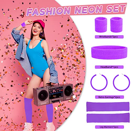 Beamely 80s Headband and Wristband Leg Warmers Party Set for Women and Girls 1980s Neon Fancy Dress Costumes Accessories with Earrings Sport Kit for 80s Retro Them Party Supplies Gym Sport(Purple) - Image 4