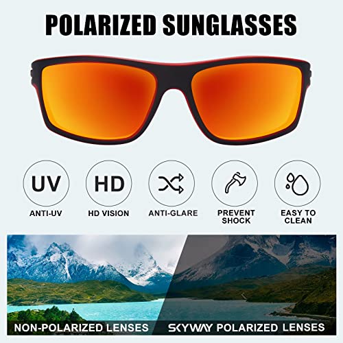 SKYWAY Polarised Sports Sunglasses for Men Fishing Golf Hiking Running Cycling Glasses UV Protection Wrap Around Unbreakable Lightweight Sun Glasses Black/Red - Image 3