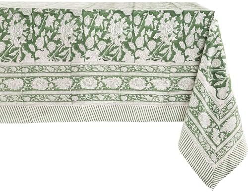 ATOSII Cotton Blockprint Rectangle Tablecloth, Meraki Green, 108" X 60"