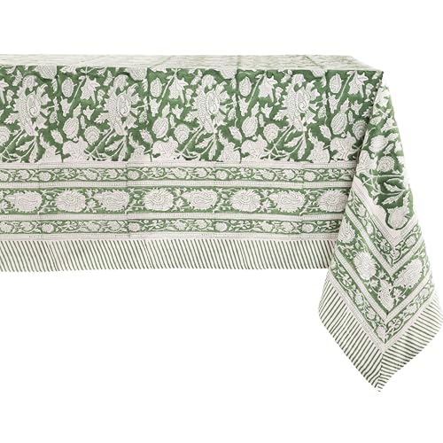 Green 100% Cotton Block Print Tablecloth, 60 x 108