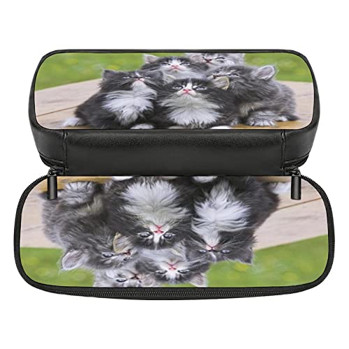 Kamuff Cats Pu Leather Quad Pen Case Zipper Pencil Pouch Holder For Pens Case Office Storage Box Organizer Pen Bag(8×1.5×3.5 In) #TOP2
