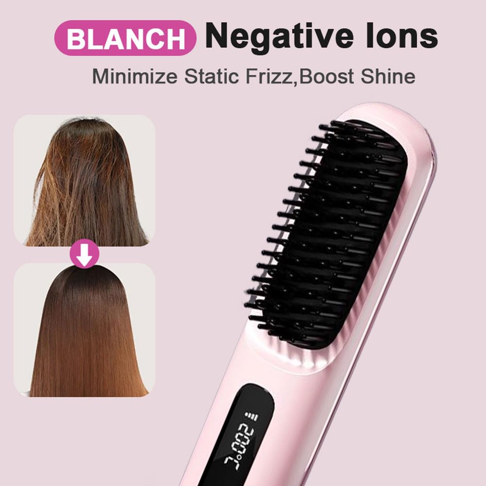 Brosse à Cheveux électrique, Brosse lissante sans fil, Rechargeable Brosse Chauffante pour Femmes et Hommes sans fil avec affichage LED - 3 Niveaux de Température - Pour lisser et Boucler (Rose)