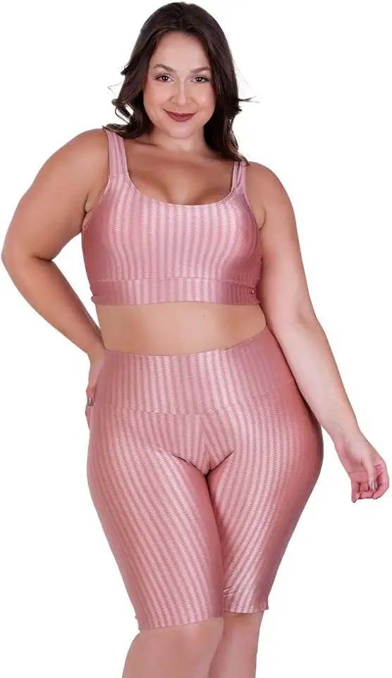 Conjunto Fitness Plus Size Top com Bojo Removível e Bermuda Cintura Alta 3D Feminino Bruna