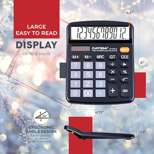 CATIGA 12-Digit Desktop Calculator with Large Display, Solar and Battery Power, Ideal for Home, Office, and School
