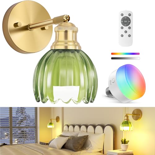 Image of VOLISUN Vintage Battery Operated Wall Sconce,with Green Tulip Glass Lampshade, Wireless Wall Sconce, Rechargeable Battery Powered Wall Light, Sconce Wall Decor for Bedroom Living Room