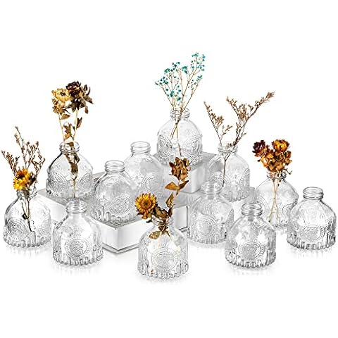 Glass Bud Vase for Centerpieces Set of 12 - Hewory Vintage Small Bud Vase in Bulk, Mini Thick Flower Bottles vases for Restaurant Table Decorations, Floral Arrangements, Wedding Event Centrepiece Cover