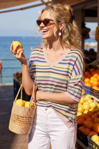Image of Arach&Cloz Women's Wool Blend Elbow Sleeve Summer Oversized Casual Sweater | Versatile, Fall Layering Soft, Anti-pilling