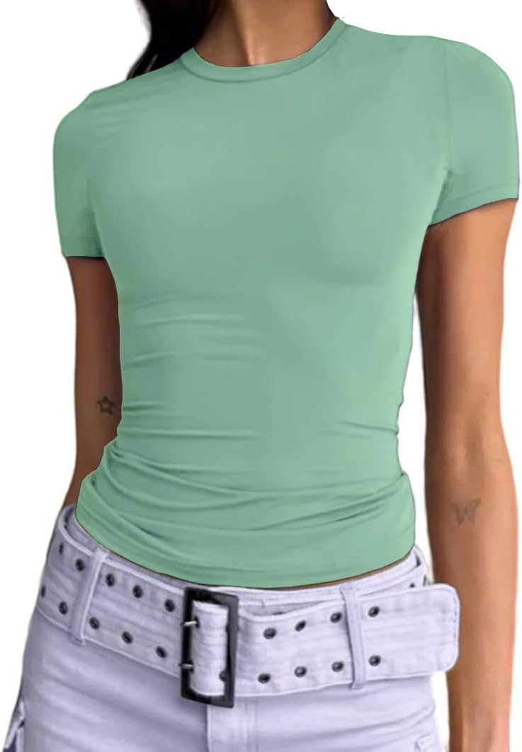 Dwnval Womens Sexy Basic T Shirts Summer Short Sleeve Crewneck Slim Fit Cute Crop Tops