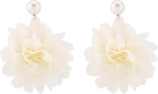 Boho Fabric Flower Dangle Earrings for Women,Vintage Colorful Big Flower Earrings Pearl Camellia Earring Statement Summer Wedding Vacation Earring Birthday Holiday Jewelry
