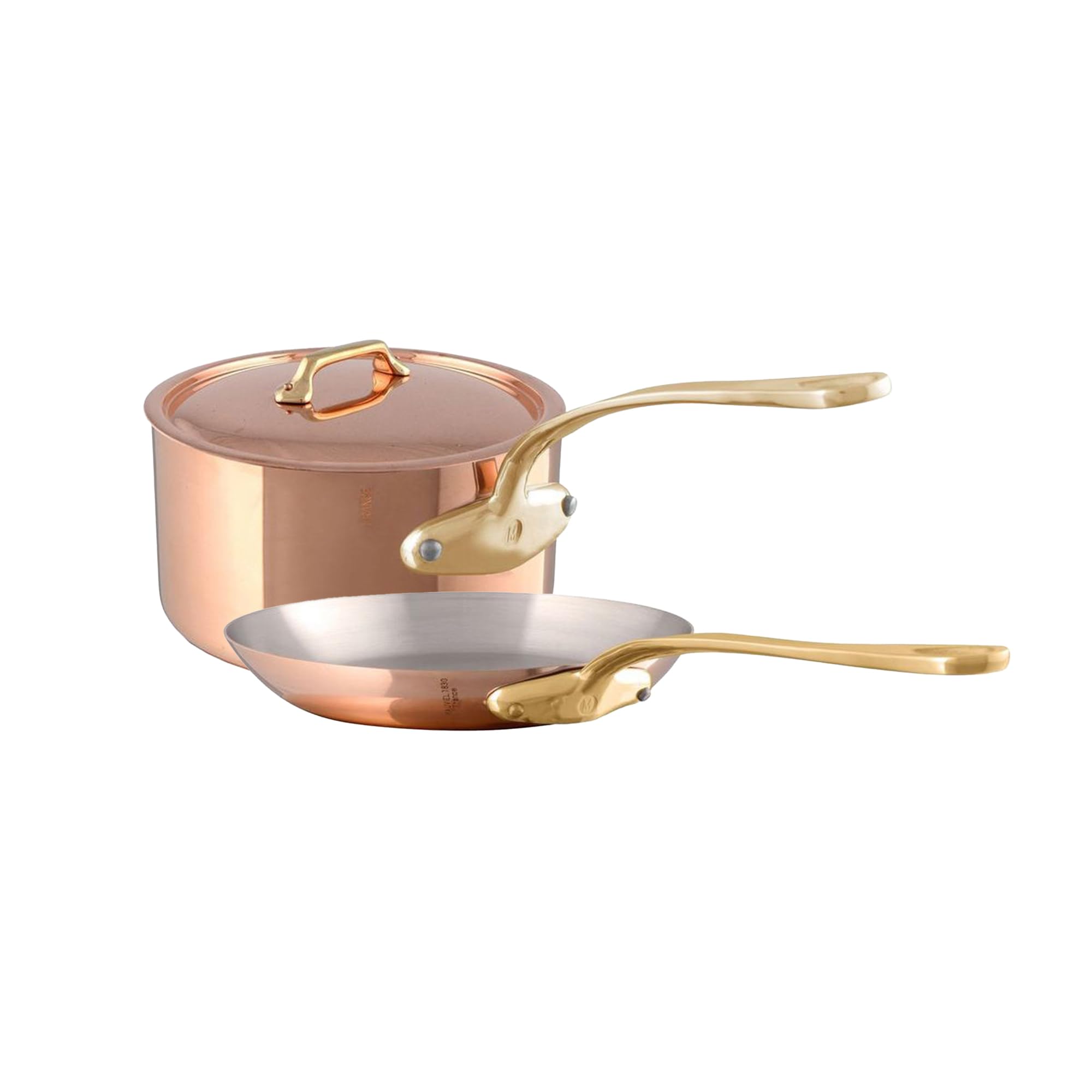 Mauviel M'200 B 2mm Polished Copper Stainless Steel DeLuxe 3-Piece Cookware Set With Brass Handles, Made In France