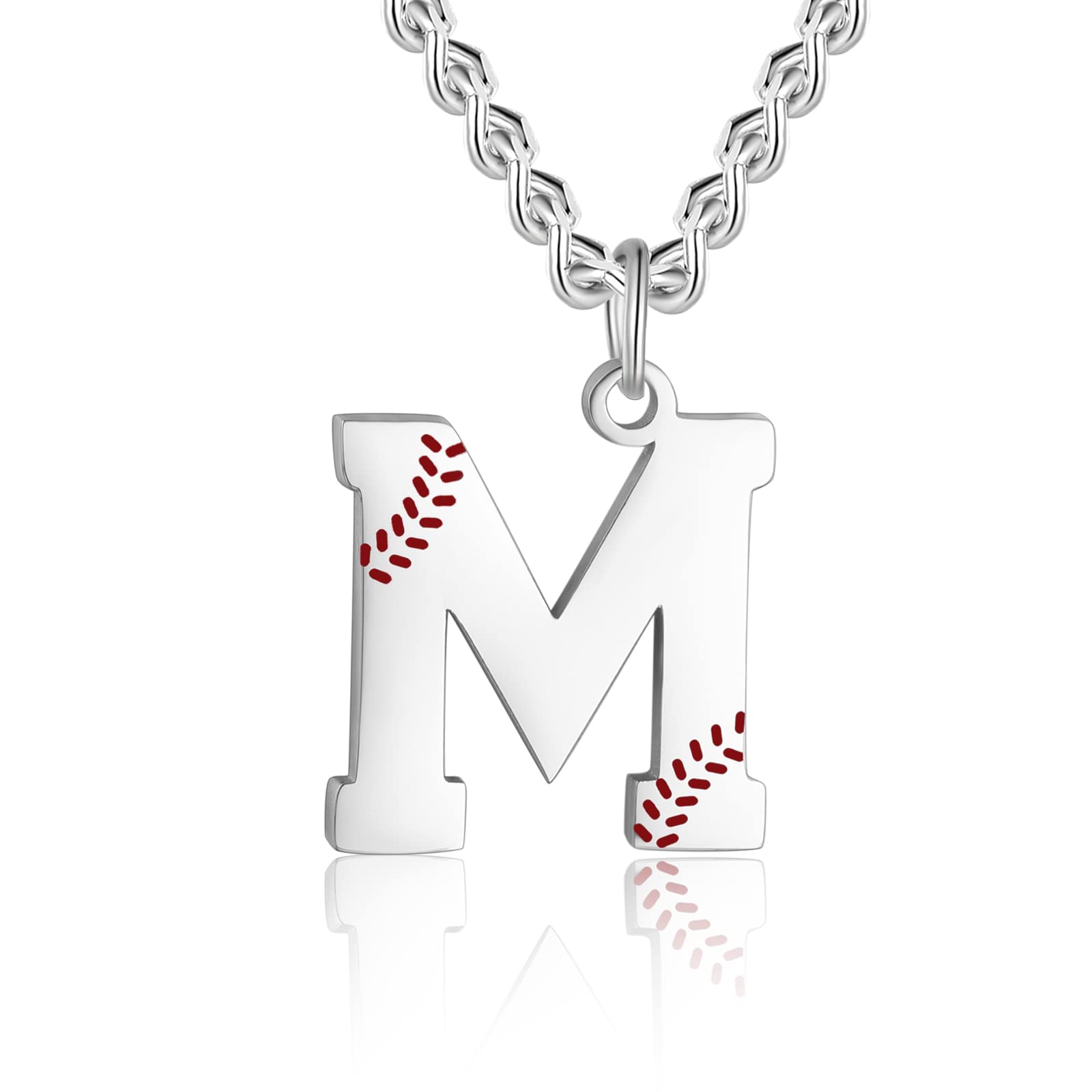 Baseball Initial A-Z Letter Necklace - Men's Baseball Charm Pendant in Stainless Steel Silver Necklace, 22 Inch Personalized Gift, Silver, No Gemstone-image-35