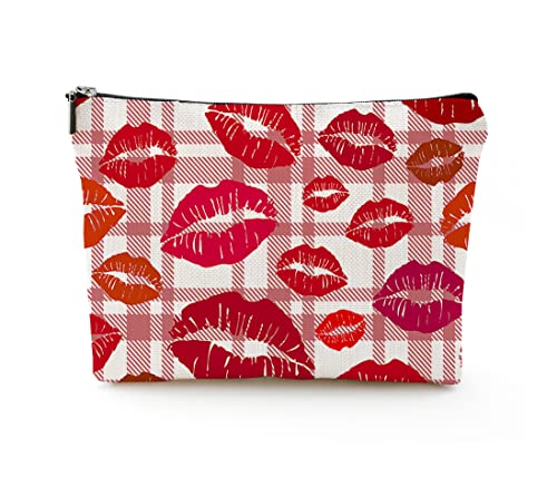 Yumqseos Makeup Bag Cosmetic Travel Makeup Bag Organizer Waterproof Makeup Pouch With Zipper Storage Cosmetic Pouch For Women 7X10In - Red Lip Red Plaid #TOP5