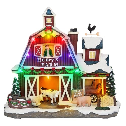 LED Lighted Musical Farmhouse Christmas Village - 10.4" Farm Barn, Large Christmas Collectible Building with Dual Light & Music Modes, Holiday Collectible Gifts for Tabletop, Mantel, Village Display