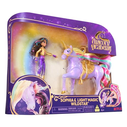 Unicorn Academy - Sophia und Licht-Magie Wildstar Set, ca. 12 cm Originalfiguren zur Netflix Serie, mit Mähne, Schweif sowie magischer Leuchtfunktion und Regenbogensternen, ab 4 Jahren
