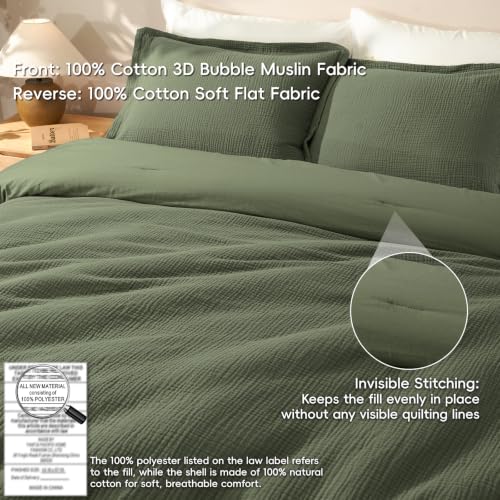 Image of David's Home Cotton Muslin Comforter Set Twin Size, 100% Cotton Cover Ultra-Soft Breathable Skin-Friendly for Spring Summer, 2PCS Linen Like Gauze Bedding Set with Polyester Filling, Olive Green