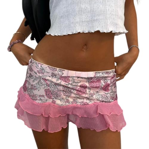 Women Y2K Lace Mini Skirt Leopard Print Ruffle Short Skirt Mesh Flowy Mini Skirt Party Club Streetwear