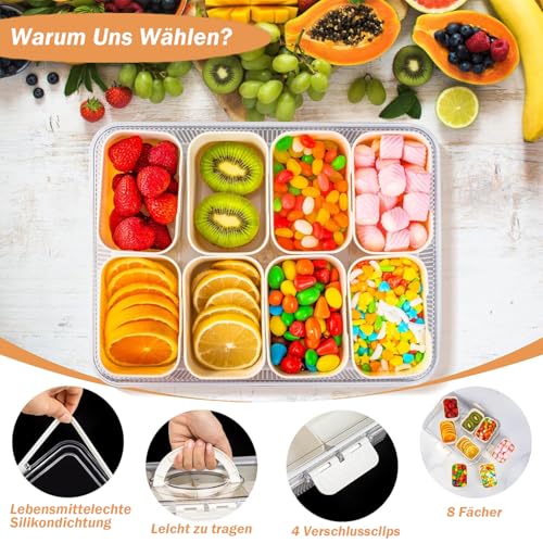 FLYGRRIV Snackbox mit 8 Fächern, Snackteller mit Deckel und Griffen, Snackdose für Snacks kinder, Süßigkeiten, Kekse, Nüsse, Obst - Ideal für Picknicks, Partys, Schulen