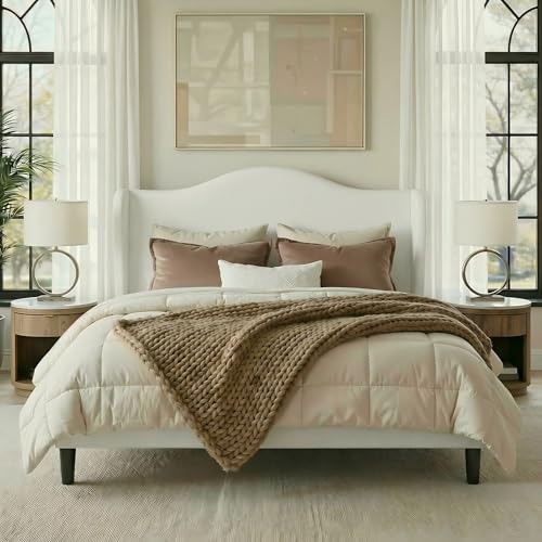 Allewie Full Size Bed Frame Upholstered Wingback Platform with 47 Tall Tufted Headboard Plush Velvet Fabric Modern Minimalist Design No Box Spring Required Tool-Free Assembly White