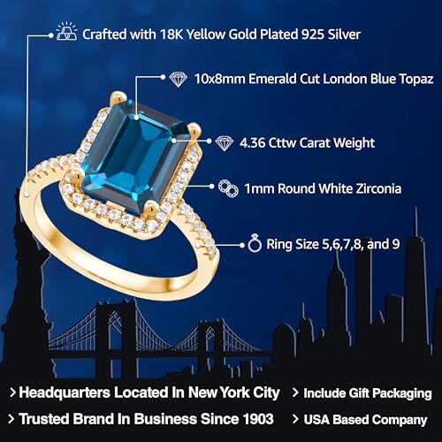 Gem Stone King 18K Yellow Gold Plated Silver Gemstone Birthstone Engagement Ring | Emerald Cut 10X8MM | Wedding Engagement Anniversary Promise Ring For Women | Available In Size 5, 6, 7, 8, 92