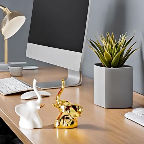 Home Decor Elephant Statues,1 Pair, Small Decorative Accents for Shelves, Livingroom and Bedroom, Gold and White - Image 4