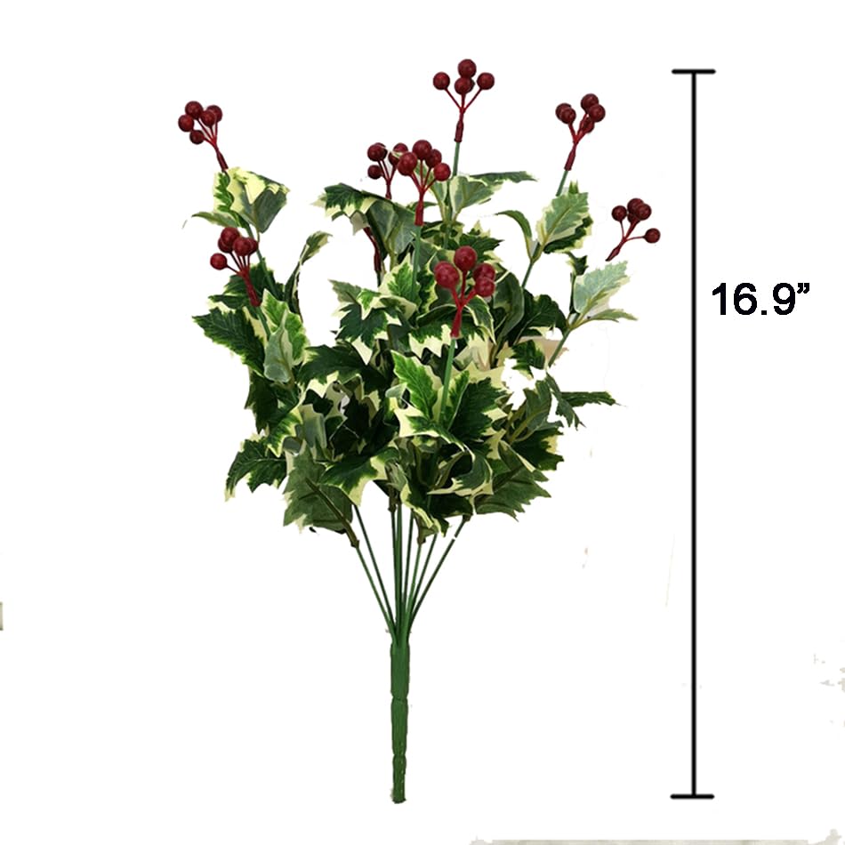 2 Pcs Artificial Holly Leaves Berries Christmas Bush Home Table Centerpieces Decor Indoor Floral Arrangement