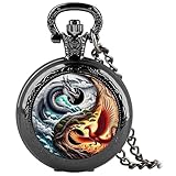 YIHAOYH Vintage Pocket Watch for Women Men Graphic Design Quartz Pocket Watches with Chain Pendant Christmas Birthday Gift with Box (Phoenix Dragon)