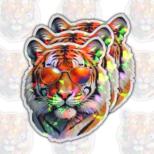 Image of (3Pcs) Cool Tiger Sticker, Tigers Sunglasses Sticker, King Animal Decal, Tiger Face Stickers, Ti-ger Bumper Vinyl Decal - Stickers for Laptop Water Bottle Phone Car Window Helmet (Hologram 3 inch)