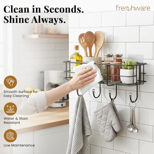 Image of Frenchware Self Adhesive Kitchen Shelf Organiser, Drill-Free Wall Rack | with Magic Stickers & 4 Hooks, Rust-Proof Storage Shelf for Bathroom, Black