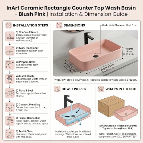 Image of InArt Wash Basin: Designer Counter Top Bathroom Sink - Vanity Wash Basin for Bathroom, Table Top Wash Basin 62 x 35 x 12 cm (Pink)