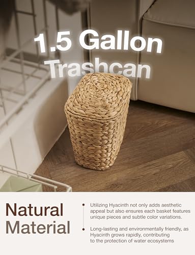 Image of Tidita 1.5 Gallon Wicker Wastebasket with Lid, Woven from Water Hyacinth | Hyacinth Construction, Woven Design, Removable Plastic Liner Included, Removable Lid, Iron Frame, Odor Proof, Versatile Use
