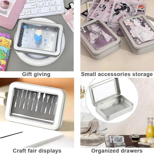 Image of HASTHIP 2Pcs Tin Box Small - Rectangular Metal Storage Box with Clear Window Portable Silver Tiny Storage Boxs for Candy, Mints, Jewelry, Gift and Craft Storages, 115x85x22mm