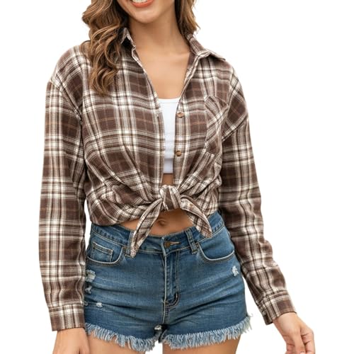 Damen Karierte Bluse Cowgirl Hemd Baumwolle Langarm Weiches Flanellhemd Casual Button-Down HolzfäLlerhemd Mit Riegel FüR Herbst FrüHling