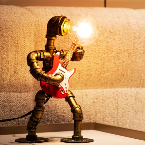 Image of Music Guitar Table Lamp Art Decor ,Steampunk Table Lamp,Retro Guitars Steampunk lamp,Cool Industrial Metal Tube Robot Lamp Guitar Stuff Present for Men Music Lovers