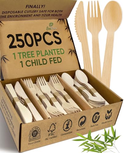 EcoPreps 100% Compostable Bamboo Cutlery Set (250 PCS - 125