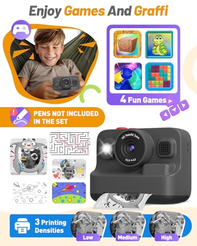 Image of Yehtta Kids Camera Instant Print, Dual-Lens Selfie Camera for Kids, Black | Christmas Birthday Gifts Toys for 3-12 Year Old Boys Girls, 2.4in Screen 1080P Kid Digital Camera,Portable Toys for 3-12