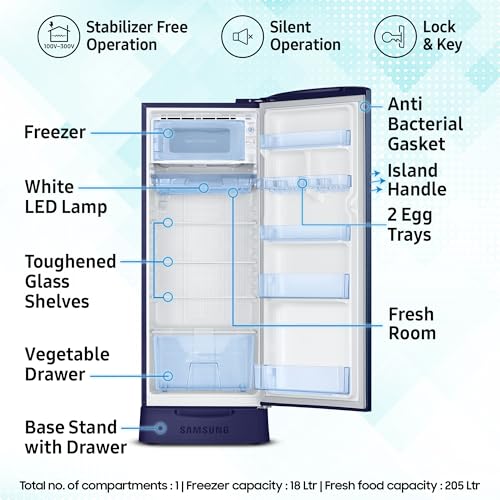Image of Samsung 223L 3 Star Inverter Direct-Cool Single Door Refrigerator Appliance (RR24C2823CU /NL,Camellia Blue) Base Stand Drawer