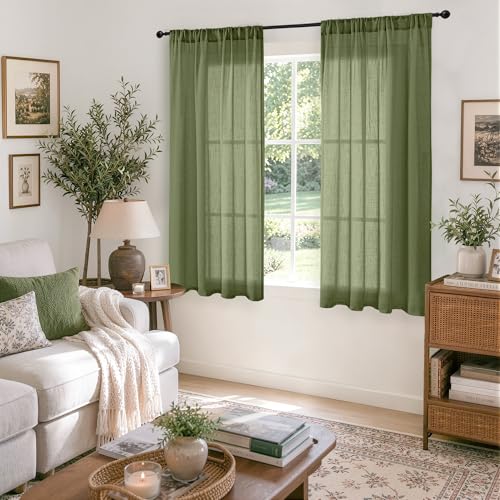 Image of BGment Green Linen Curtains 48 Inches Long for Short Bedroom - Semi Sheer Light Filtering Window Drapes with Rod Pocket Textured Lightweight for Dining Living Room, 2 Panels Set, Each 42 Inch Wide