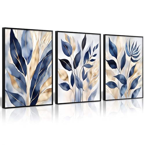 Lhoiplme Blue Botanical Wall Art Abstract Leaf Canvas Prints Decor Modern Plant Wall Art Minimalist Hallway Botanical Painting Blue Gold Leaves Pictures for Living Room Bedroom 12x16x3 Inch Unframed