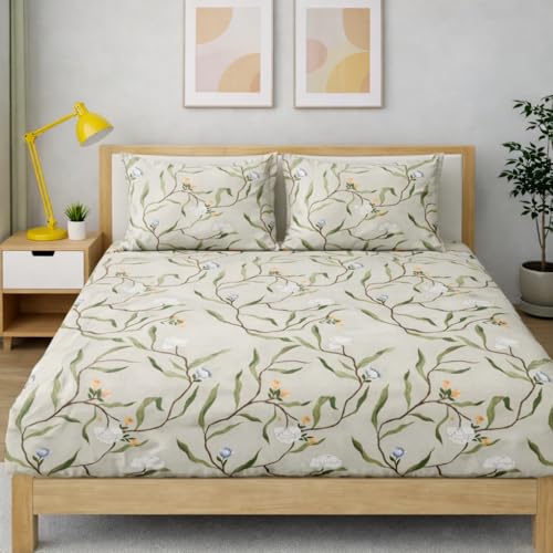Image of 350 TC Premium Heavy Cotton Feel Elastic Fitted Bedsheet King Size with 2 Pillow Covers || Double Bed with All Around Elastic (White Leaf, Fitted - 72 inchx78 inch King)