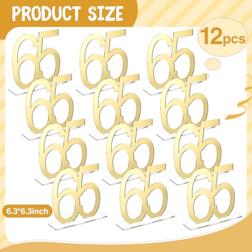 Image of Threehoney 12 Pcs Mirror Gold 65th Birthday Decorations for Men and Women Acrylic Anniversary Decorations Table Numbers Centerpieces for Birthday Party