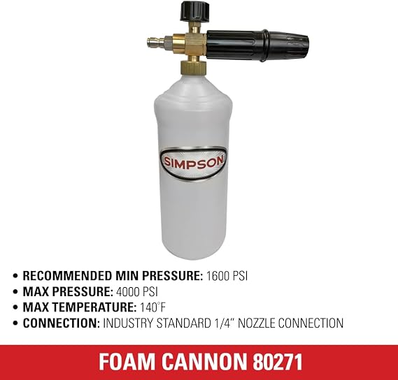 Simpson Pressure Washer Foam Cannon, 1/4 Quick Connect, 1 Liter, 80271 | Adjustable Spray Patterns And Foam Thickness, Quick-Connect Nozzle Tube, Thick Foam Reduces Time To Clean Cars, Boats, Siding
