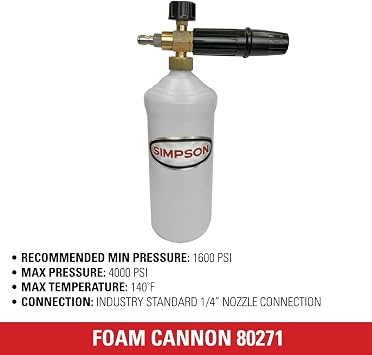 Simpson Pressure Washer Foam Cannon, 1/4 Quick Connect, 1 Liter, 80271 | Adjustable Spray Patterns And Foam Thickness, Quick-Connect Nozzle Tube, Thick Foam Reduces Time To Clean Cars, Boats, Siding